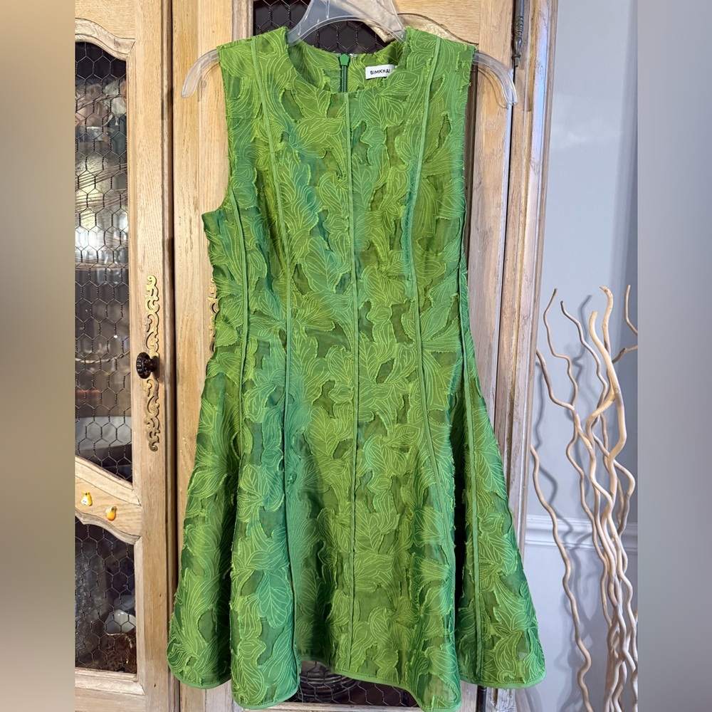 SIMKHAI Sleeveless Green Textured Fit & Flare Dress